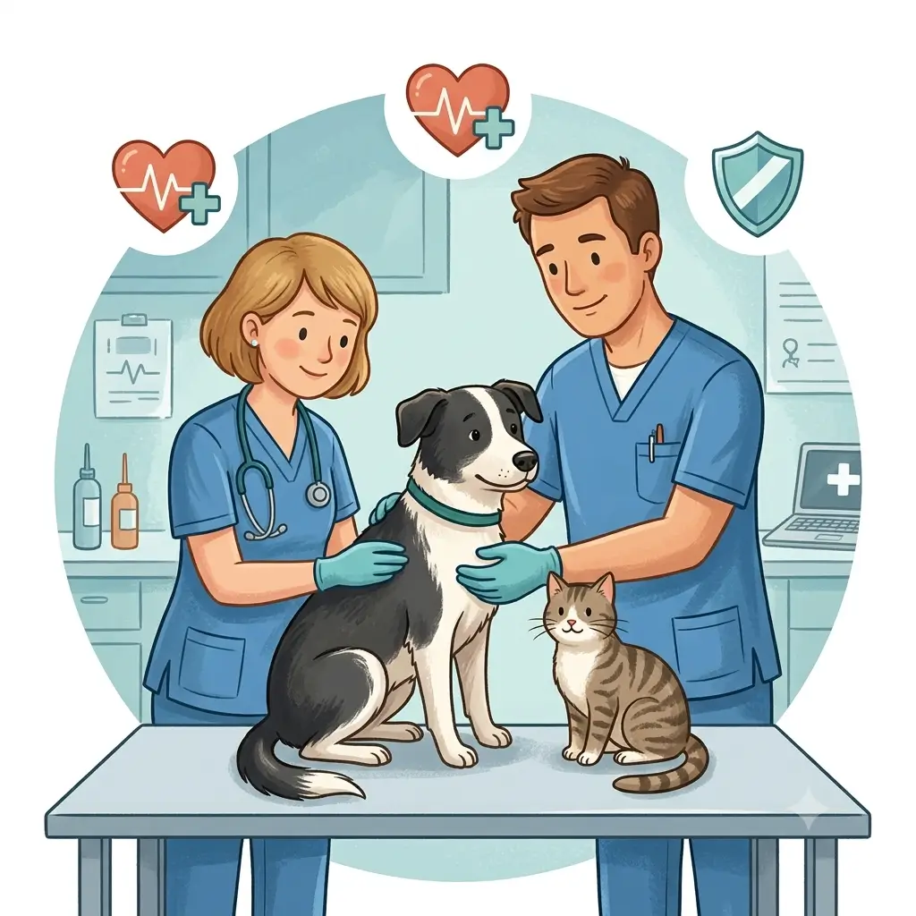 Ilustracja przedstawiająca dwoje weterynarzy (kobietę i mężczyznę) w błękitnych kitlach, troskliwie badających psa rasy border collie i małego kota na stole zabiegowym w klinice. W tle widoczne symbole medyczne, jak serce i krzyż.